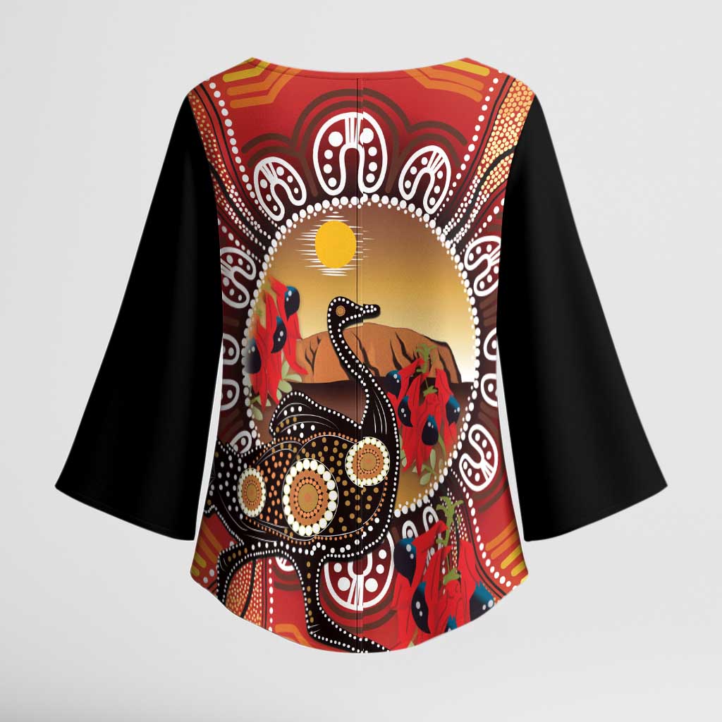 Sturt's Desert Pea And Emu Australia Kimono Sleeve Blouse Uluru Aboriginal Art - Aussie Hoodie