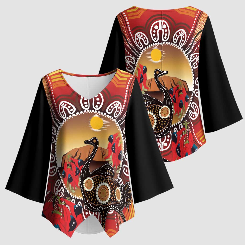 Sturt's Desert Pea And Emu Australia Kimono Sleeve Blouse Uluru Aboriginal Art - Aussie Hoodie