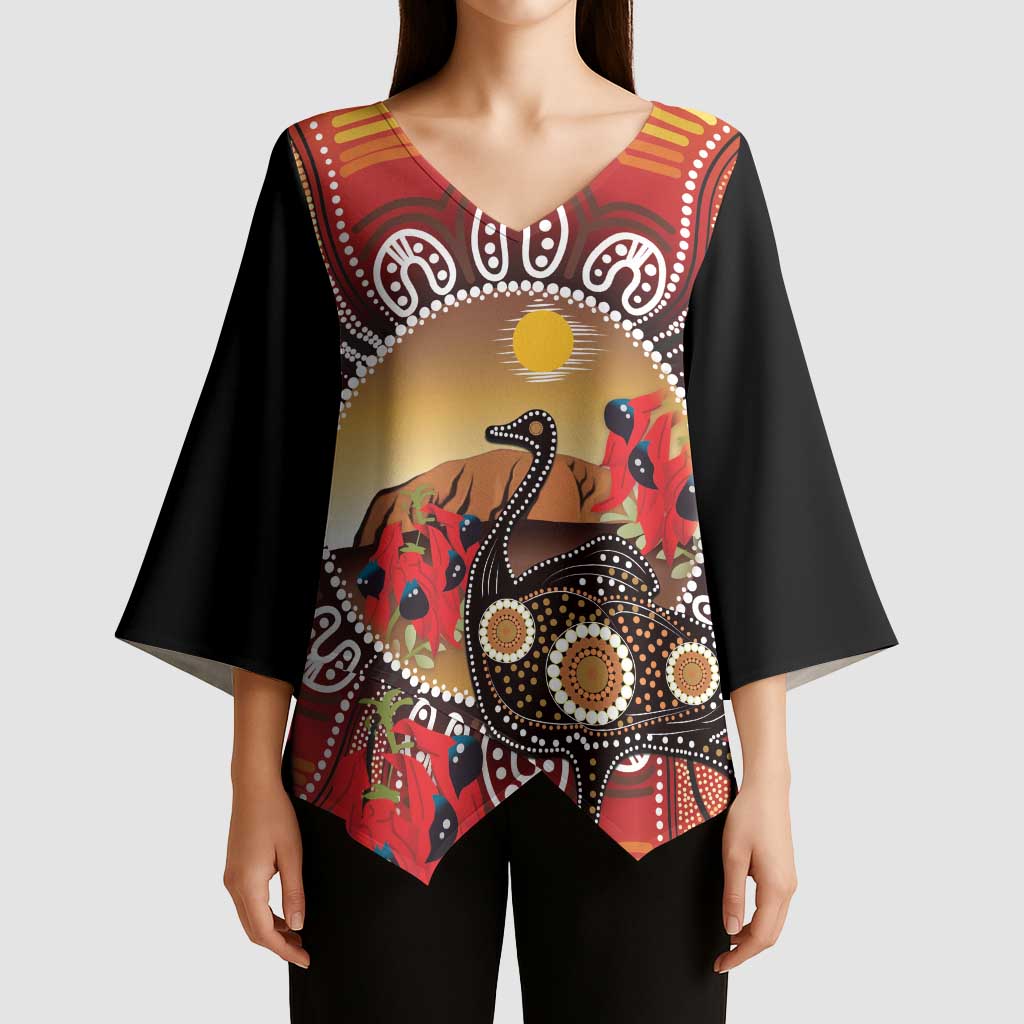 Sturt's Desert Pea And Emu Australia Kimono Sleeve Blouse Uluru Aboriginal Art - Aussie Hoodie