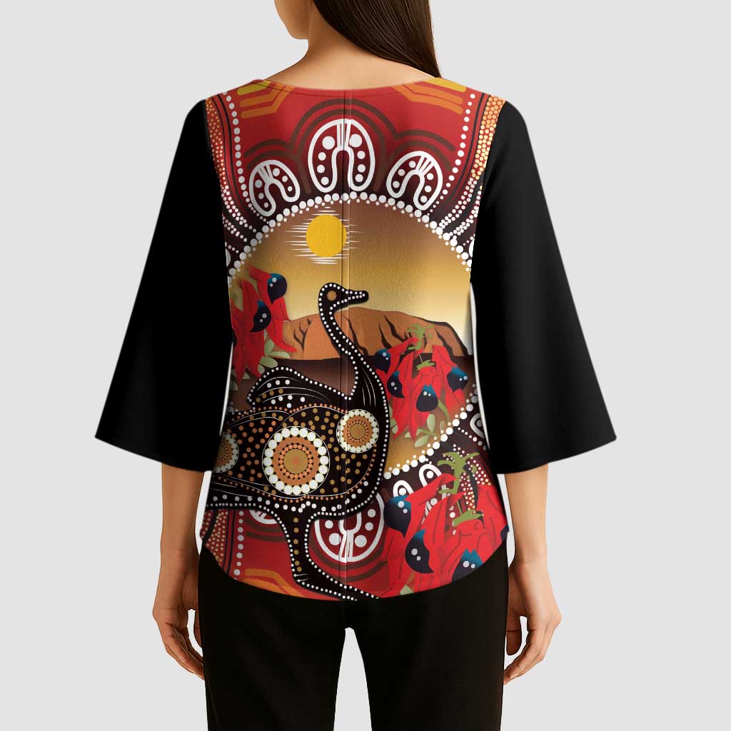 Sturt's Desert Pea And Emu Australia Kimono Sleeve Blouse Uluru Aboriginal Art - Aussie Hoodie