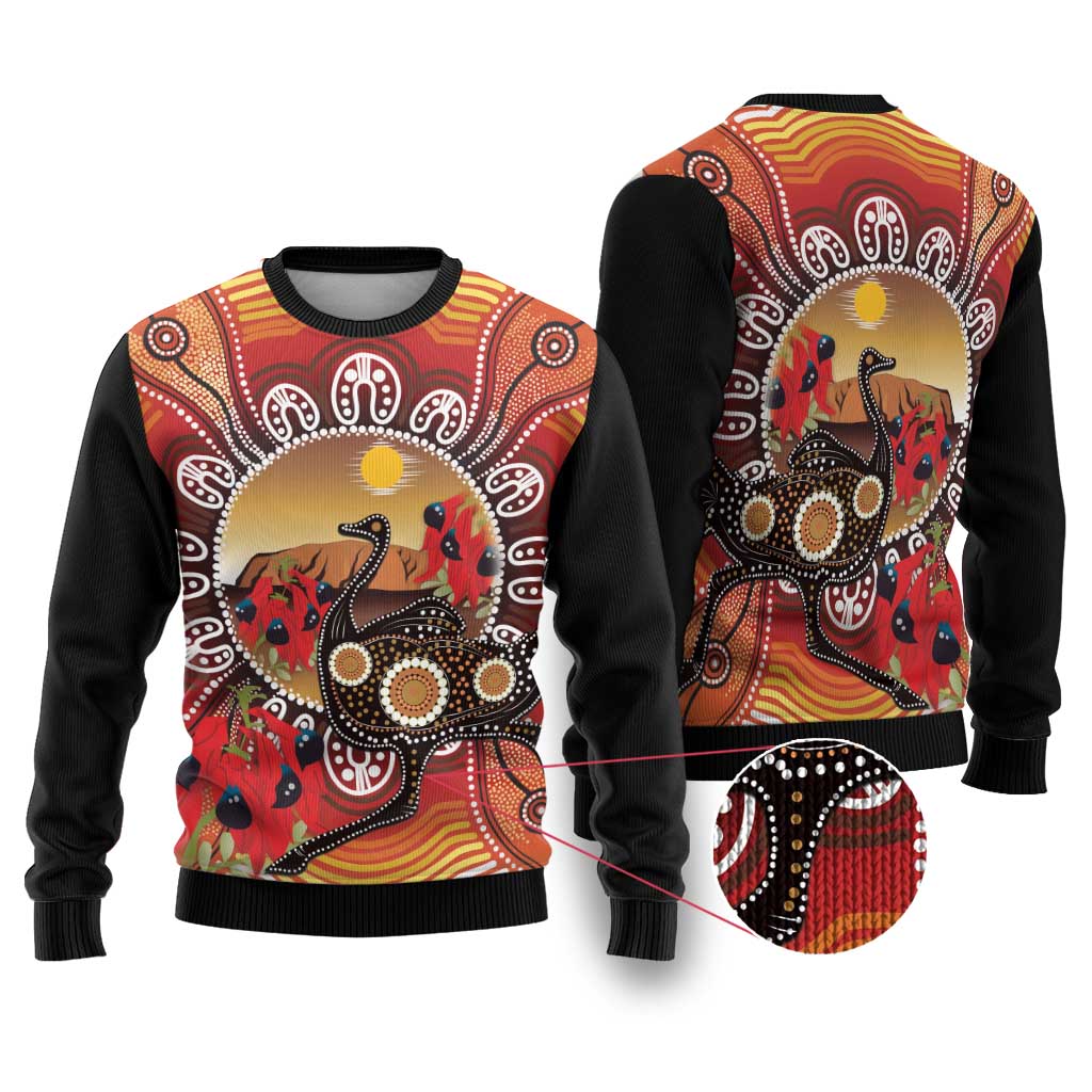 Sturt's Desert Pea And Emu Australia Ugly Christmas Sweater Uluru - Aboriginal Art