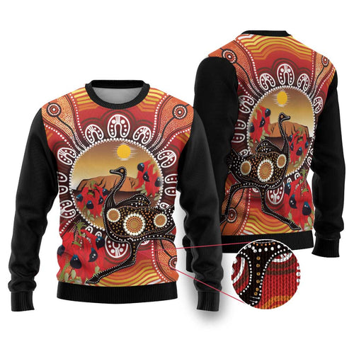 Sturt's Desert Pea And Emu Australia Ugly Christmas Sweater Uluru - Aboriginal Art