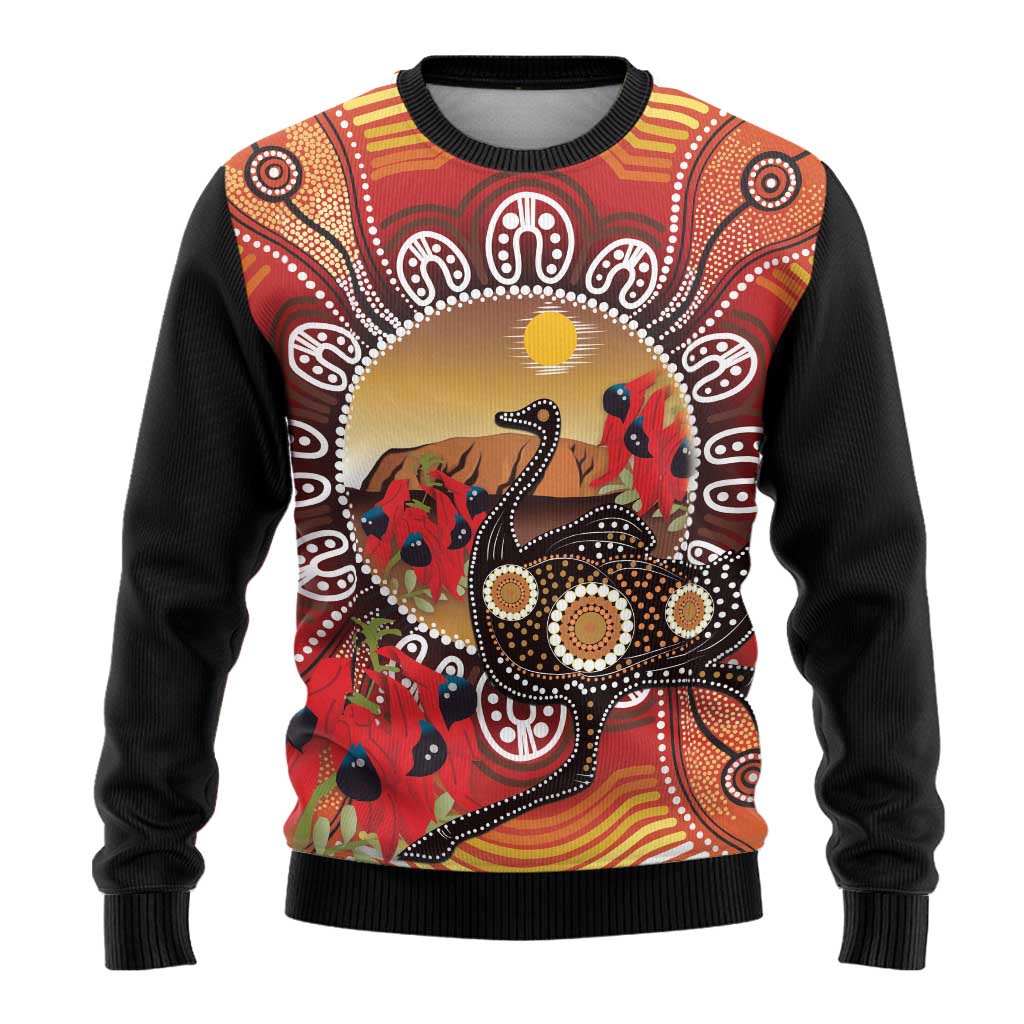 Sturt's Desert Pea And Emu Australia Ugly Christmas Sweater Uluru - Aboriginal Art