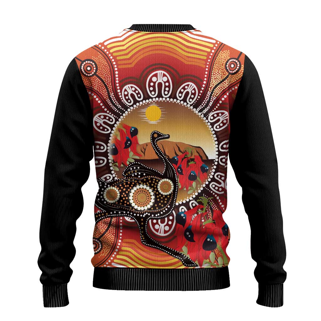 Sturt's Desert Pea And Emu Australia Ugly Christmas Sweater Uluru - Aboriginal Art