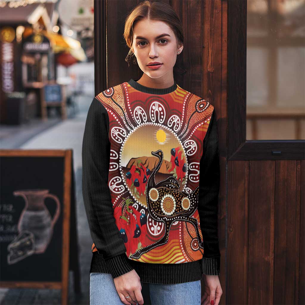 Sturt's Desert Pea And Emu Australia Ugly Christmas Sweater Uluru - Aboriginal Art