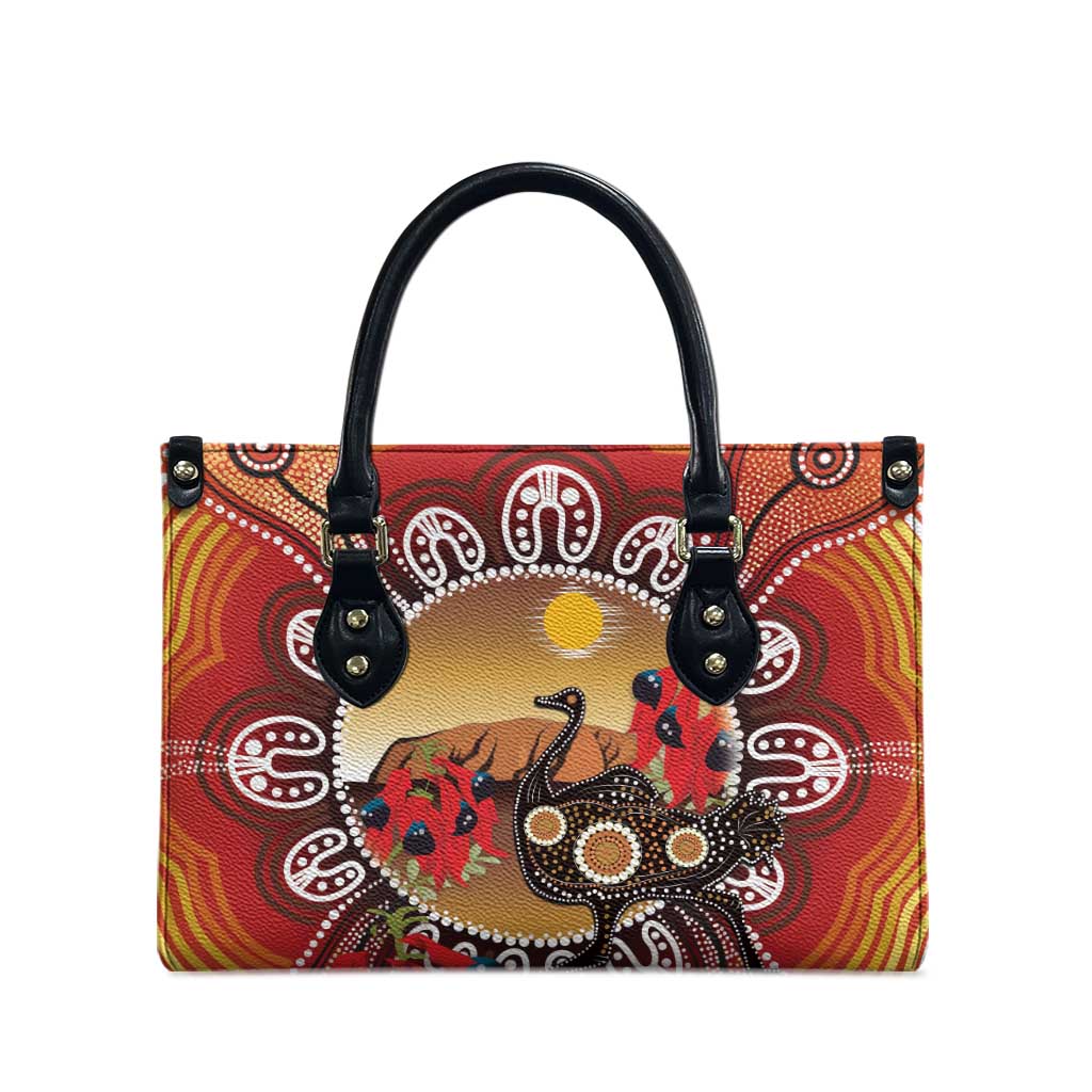 Sturt's Desert Pea And Emu Australia Leather Bag Uluru Aboriginal Art - Aussie Hoodie