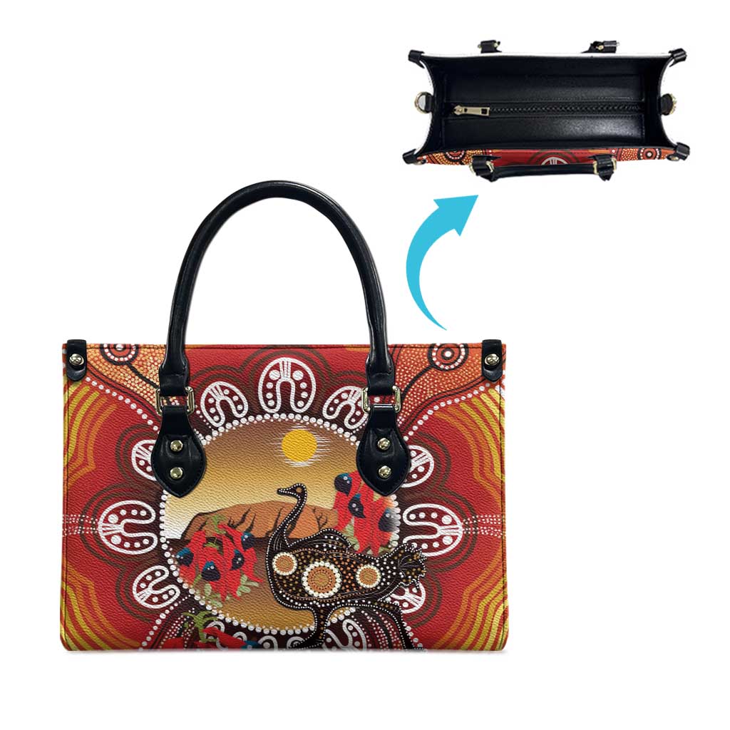Sturt's Desert Pea And Emu Australia Leather Bag Uluru Aboriginal Art - Aussie Hoodie
