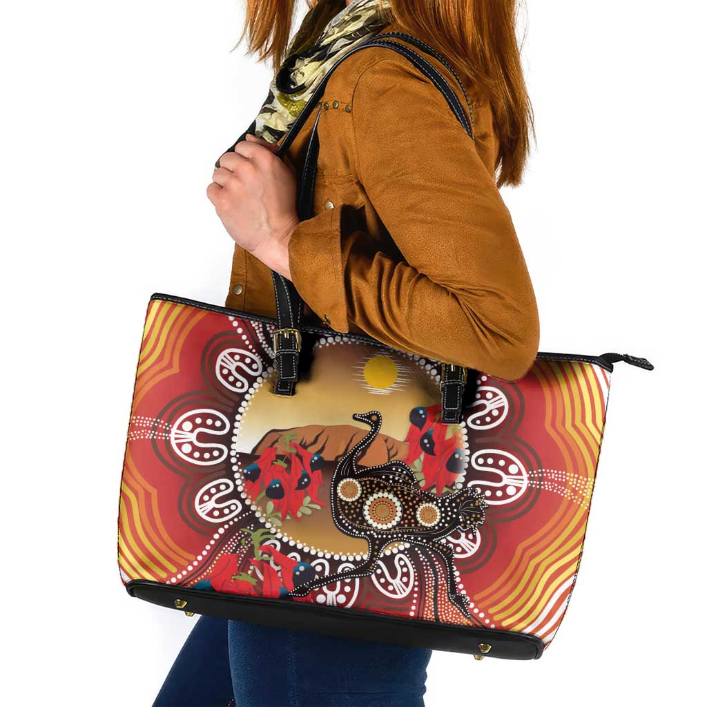 Sturt's Desert Pea And Emu Australia Leather Tote Bag Uluru Aboriginal Art