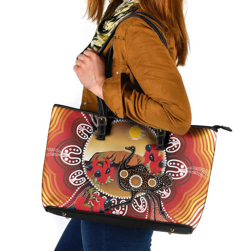 Sturt's Desert Pea And Emu Australia Leather Tote Bag Uluru Aboriginal Art