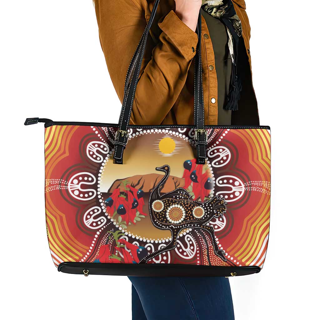Sturt's Desert Pea And Emu Australia Leather Tote Bag Uluru Aboriginal Art