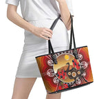 Sturt's Desert Pea And Emu Australia Leather Tote Bag Uluru Aboriginal Art