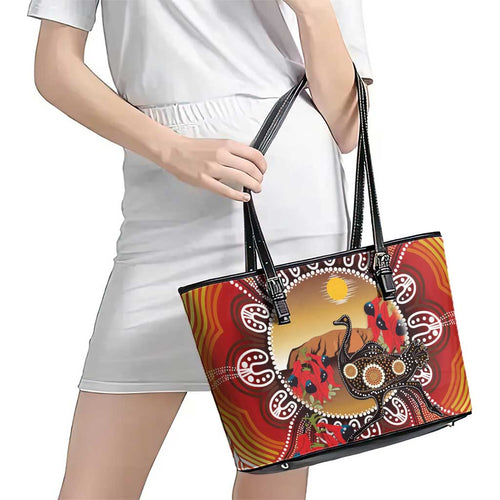 Sturt's Desert Pea And Emu Australia Leather Tote Bag Uluru Aboriginal Art