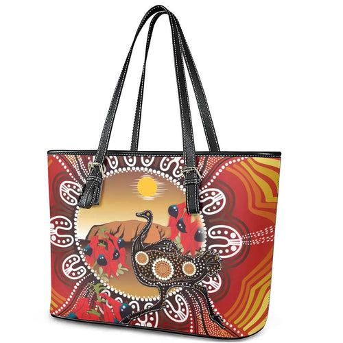 Sturt's Desert Pea And Emu Australia Leather Tote Bag Uluru Aboriginal Art