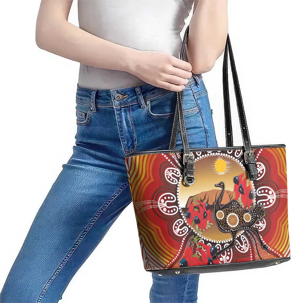 Sturt's Desert Pea And Emu Australia Leather Tote Bag Uluru Aboriginal Art