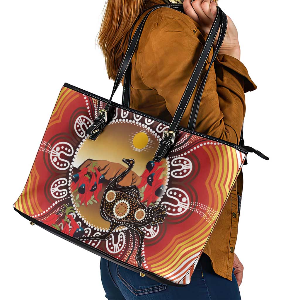Sturt's Desert Pea And Emu Australia Leather Tote Bag Uluru Aboriginal Art