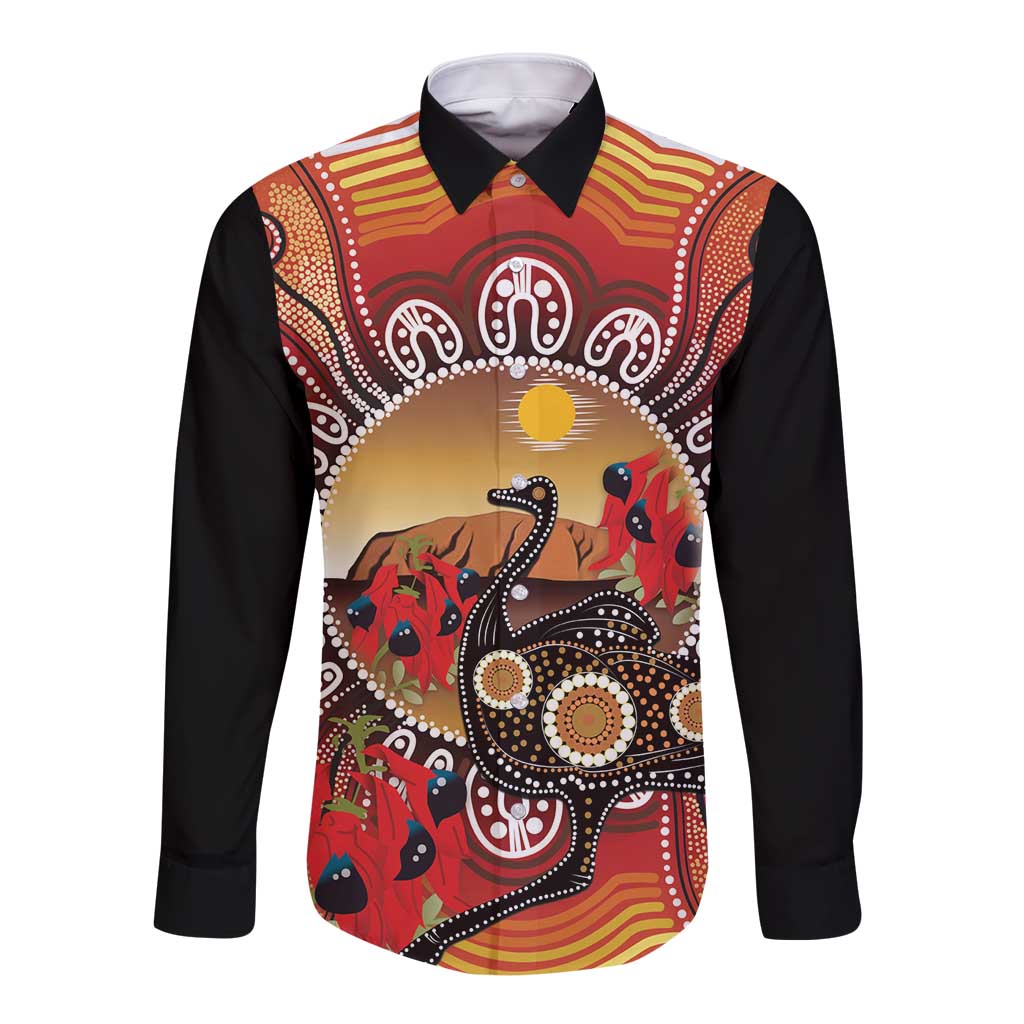 Sturt's Desert Pea And Emu Australia Long Sleeve Button Shirt Uluru Aboriginal Art
