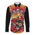 Sturt's Desert Pea And Emu Australia Long Sleeve Button Shirt Uluru Aboriginal Art