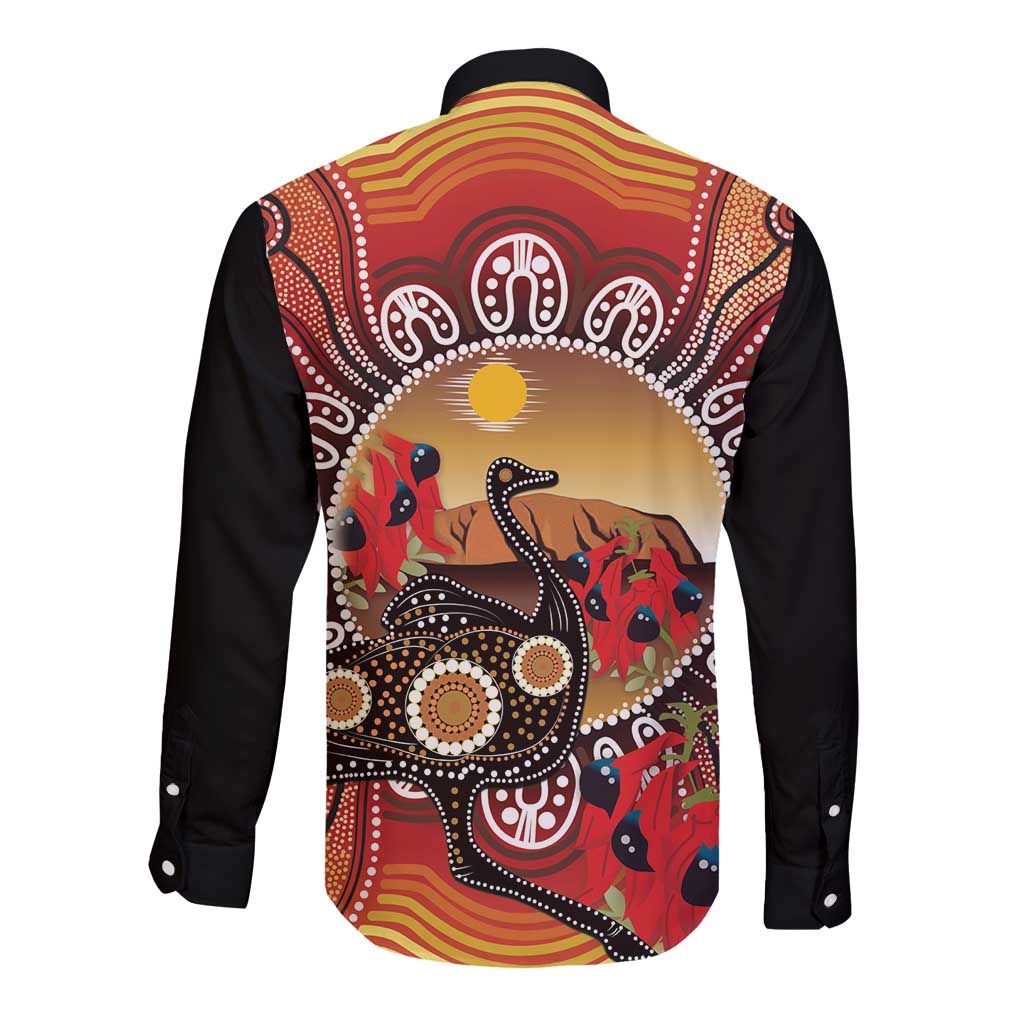 Sturt's Desert Pea And Emu Australia Long Sleeve Button Shirt Uluru Aboriginal Art