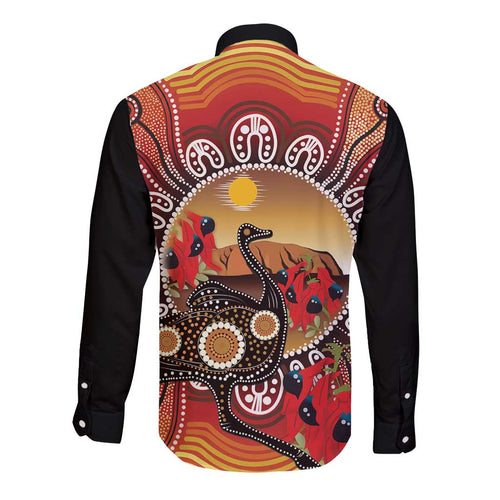 Sturt's Desert Pea And Emu Australia Long Sleeve Button Shirt Uluru Aboriginal Art