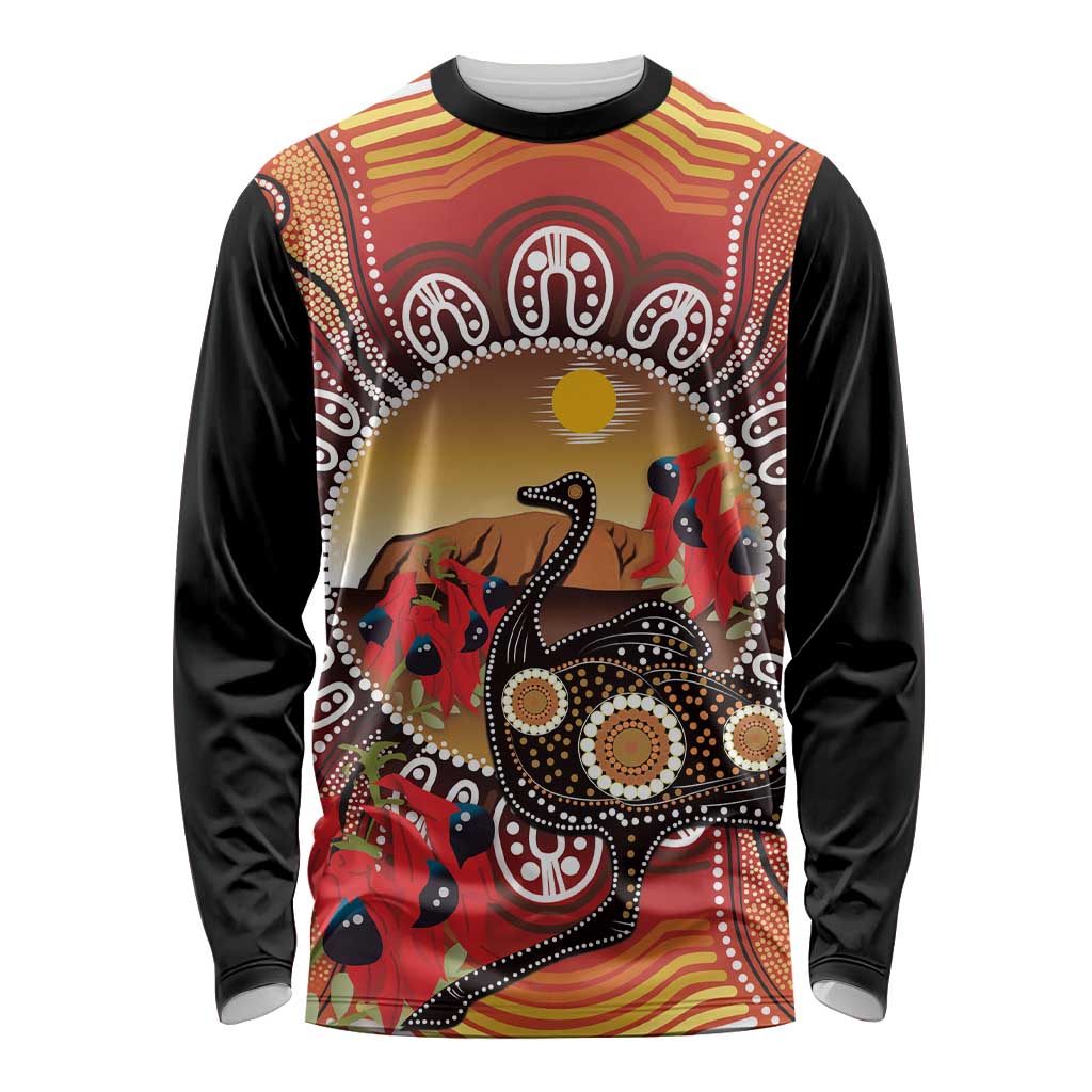 Sturt's Desert Pea And Emu Australia Long Sleeve Shirt Uluru Aboriginal Art