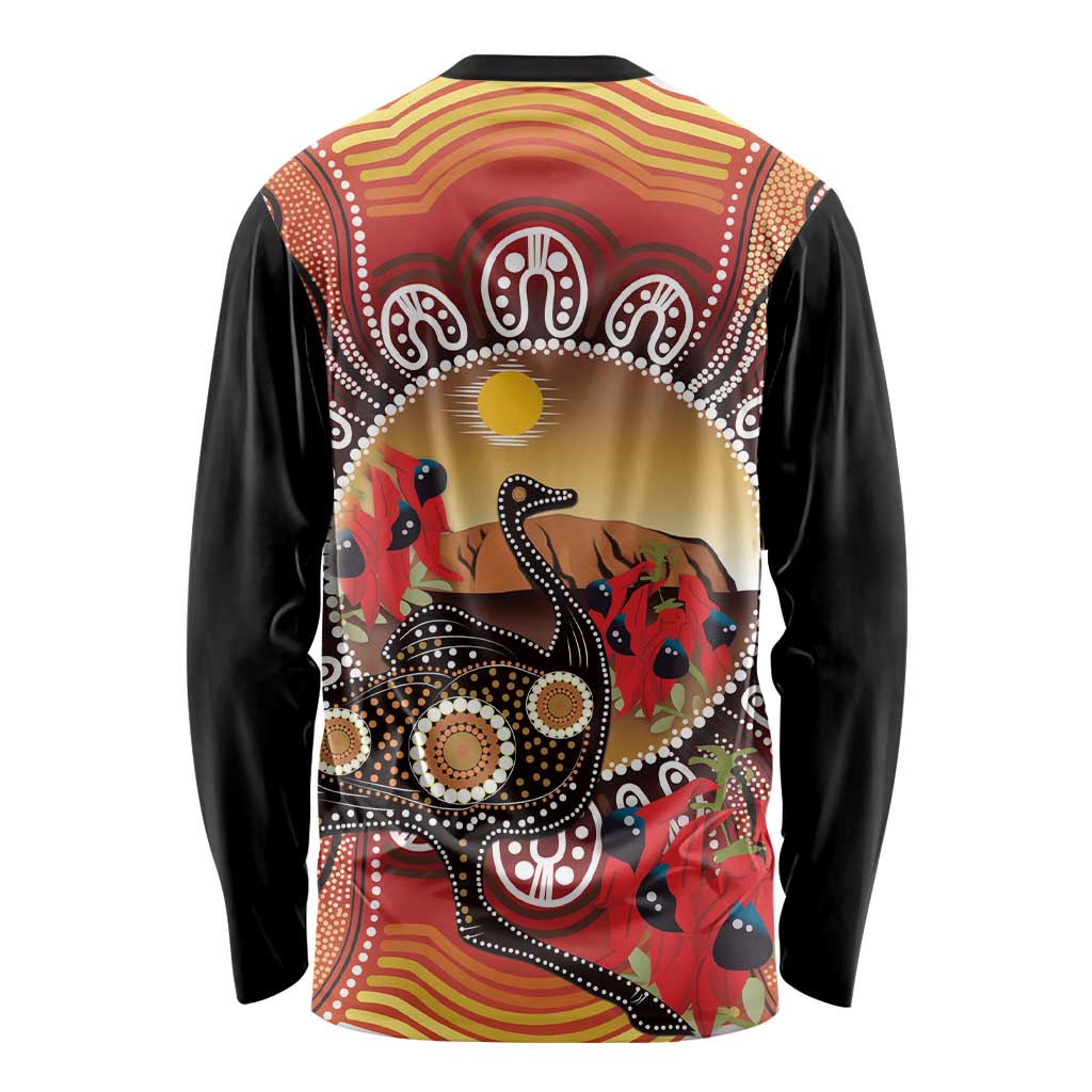 Sturt's Desert Pea And Emu Australia Long Sleeve Shirt Uluru Aboriginal Art