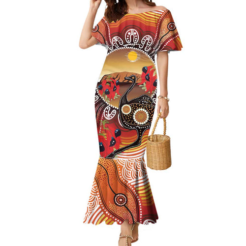 Sturt's Desert Pea And Emu Australia Mermaid Dress Uluru Aboriginal Art