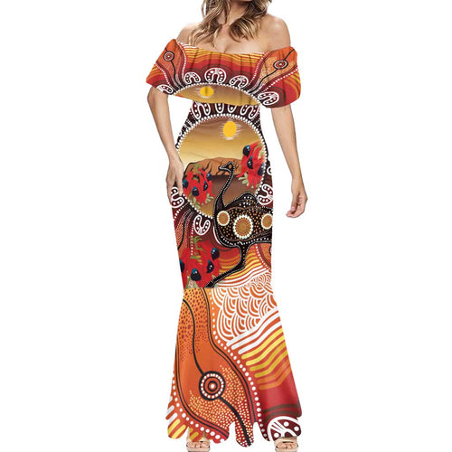 Sturt's Desert Pea And Emu Australia Mermaid Dress Uluru Aboriginal Art