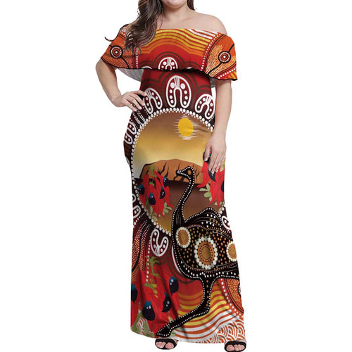 Sturt's Desert Pea And Emu Australia Off Shoulder Maxi Dress Uluru Aboriginal Art