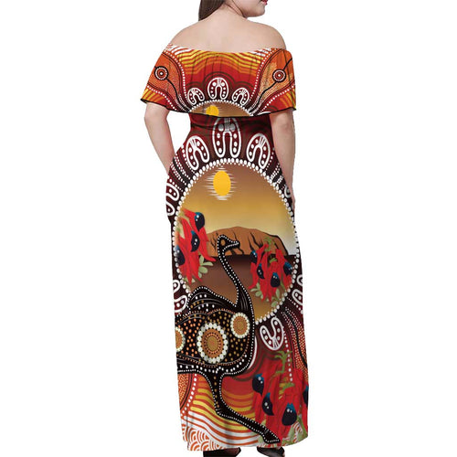 Sturt's Desert Pea And Emu Australia Off Shoulder Maxi Dress Uluru Aboriginal Art
