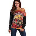 Sturt's Desert Pea And Emu Australia Off Shoulder Sweater Uluru Aboriginal Art