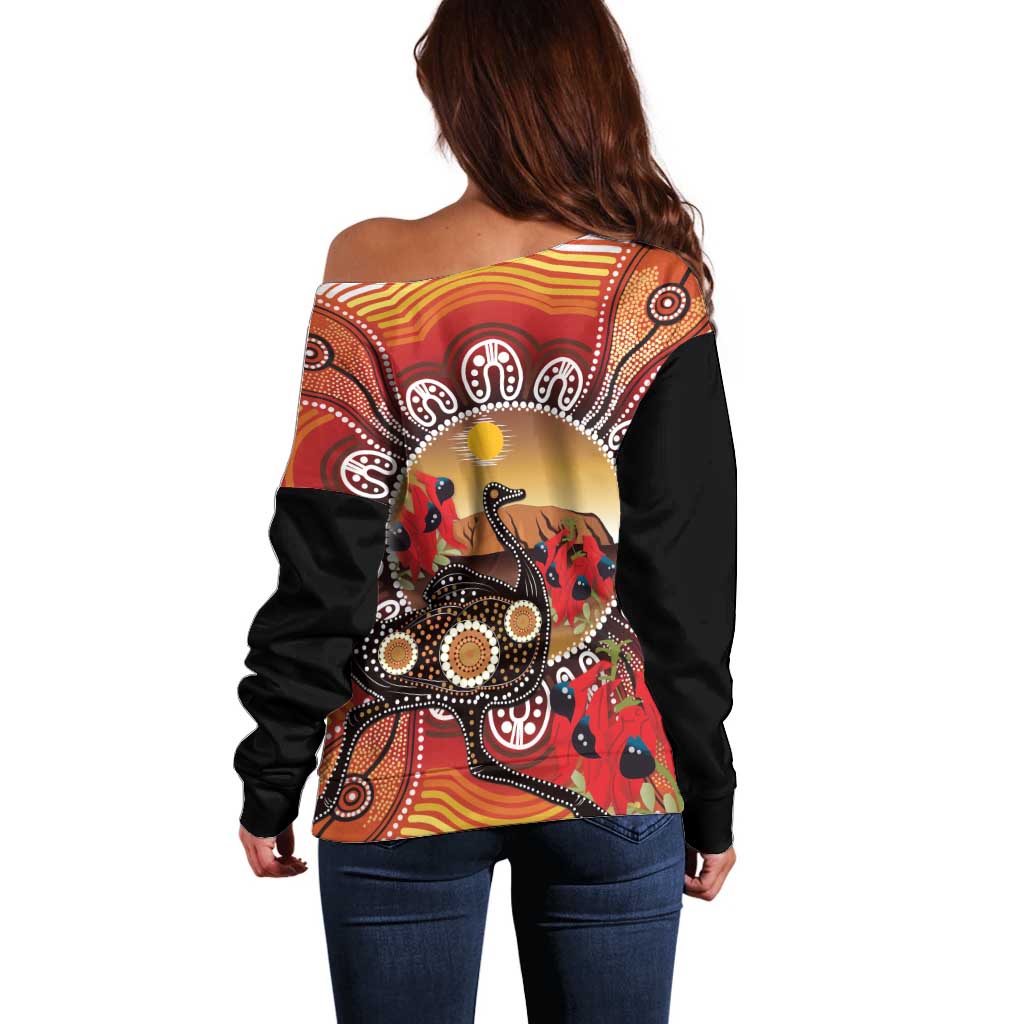 Sturt's Desert Pea And Emu Australia Off Shoulder Sweater Uluru Aboriginal Art