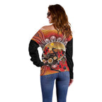 Sturt's Desert Pea And Emu Australia Off Shoulder Sweater Uluru Aboriginal Art