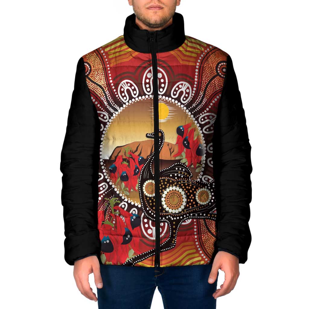 Sturt's Desert Pea And Emu Australia Padded Jacket Uluru Aboriginal Art - Aussie Hoodie