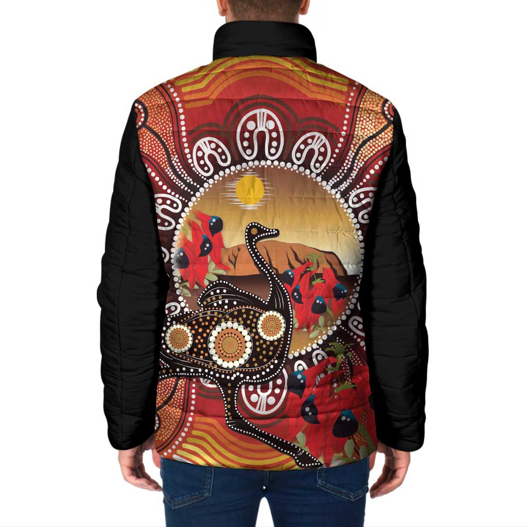 Sturt's Desert Pea And Emu Australia Padded Jacket Uluru Aboriginal Art - Aussie Hoodie