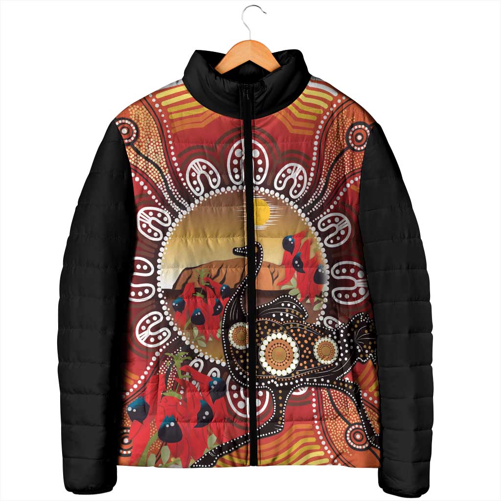 Sturt's Desert Pea And Emu Australia Padded Jacket Uluru Aboriginal Art - Aussie Hoodie