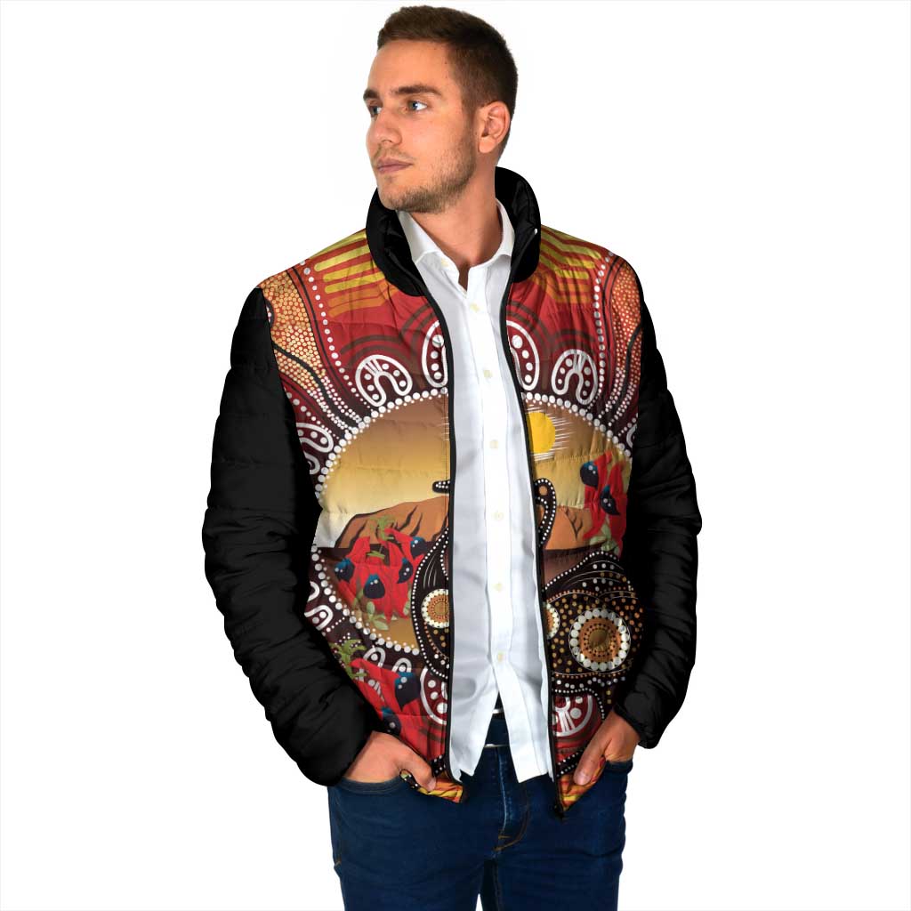 Sturt's Desert Pea And Emu Australia Padded Jacket Uluru Aboriginal Art - Aussie Hoodie