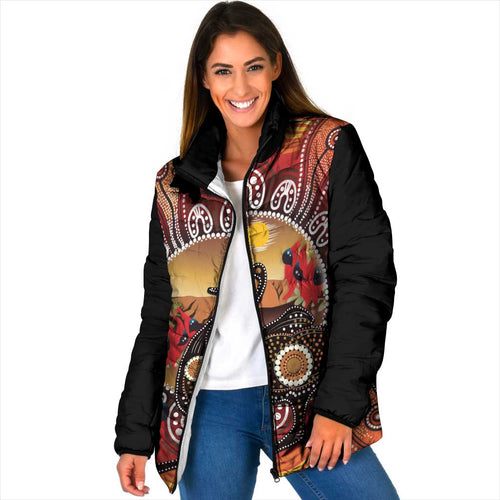 Sturt's Desert Pea And Emu Australia Padded Jacket Uluru Aboriginal Art - Aussie Hoodie