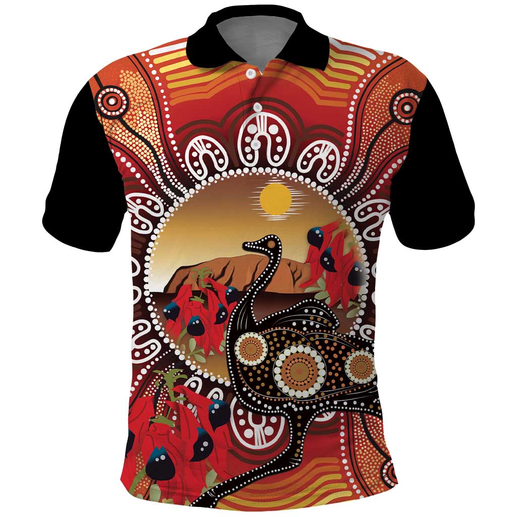 Sturt's Desert Pea And Emu Australia Polo Shirt Uluru Aboriginal Art