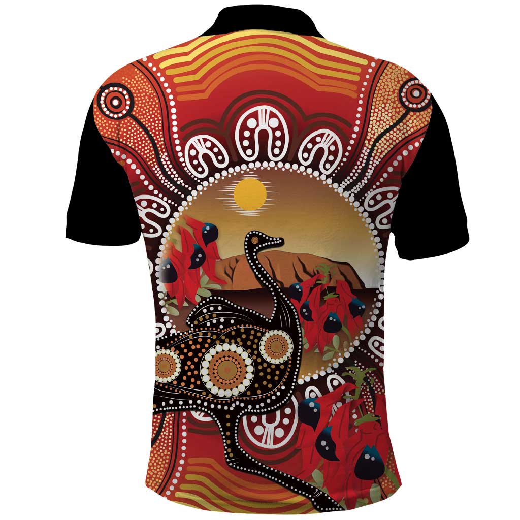 Sturt's Desert Pea And Emu Australia Polo Shirt Uluru Aboriginal Art