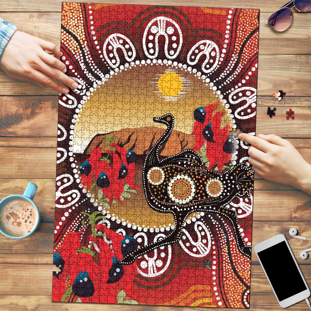 Sturt's Desert Pea And Emu Australia Puzzle Uluru Aboriginal Art - Aussie Hoodie