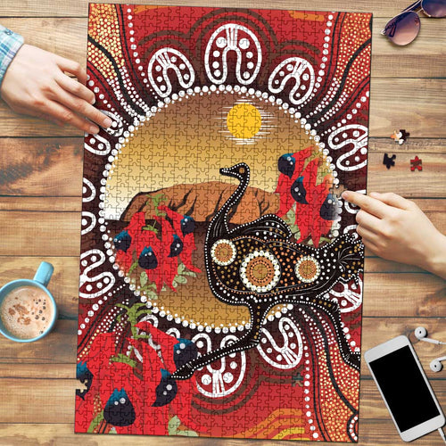 Sturt's Desert Pea And Emu Australia Puzzle Uluru Aboriginal Art - Aussie Hoodie