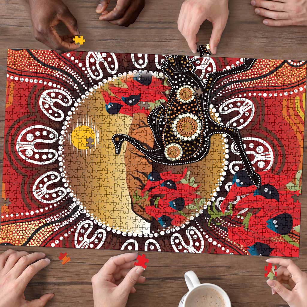 Sturt's Desert Pea And Emu Australia Puzzle Uluru Aboriginal Art - Aussie Hoodie