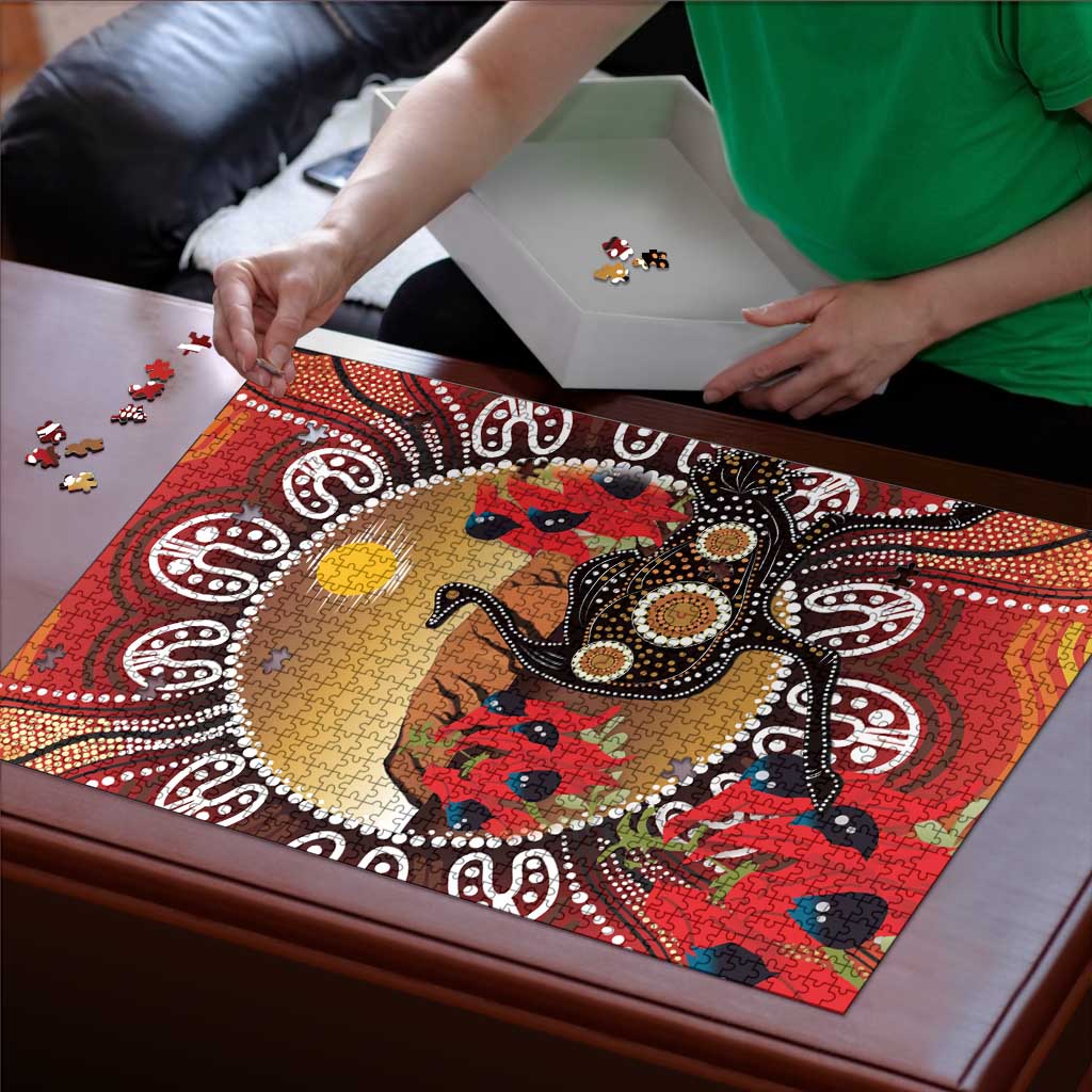 Sturt's Desert Pea And Emu Australia Puzzle Uluru Aboriginal Art - Aussie Hoodie