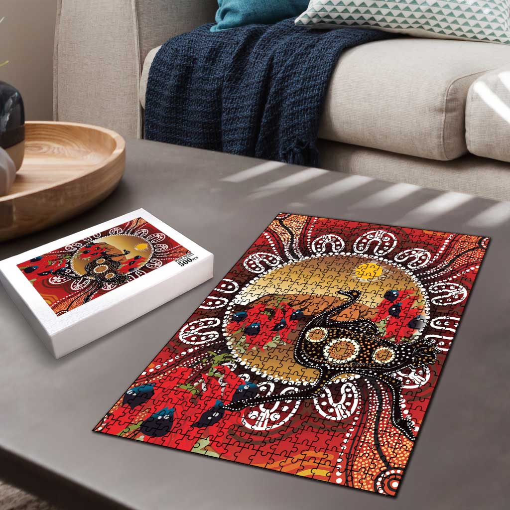 Sturt's Desert Pea And Emu Australia Puzzle Uluru Aboriginal Art - Aussie Hoodie