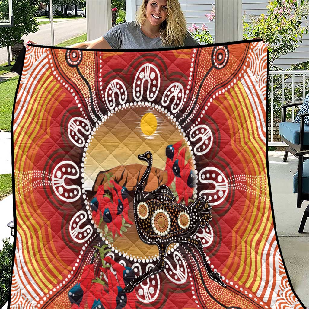 Sturt's Desert Pea And Emu Australia Quilt Uluru Aboriginal Art