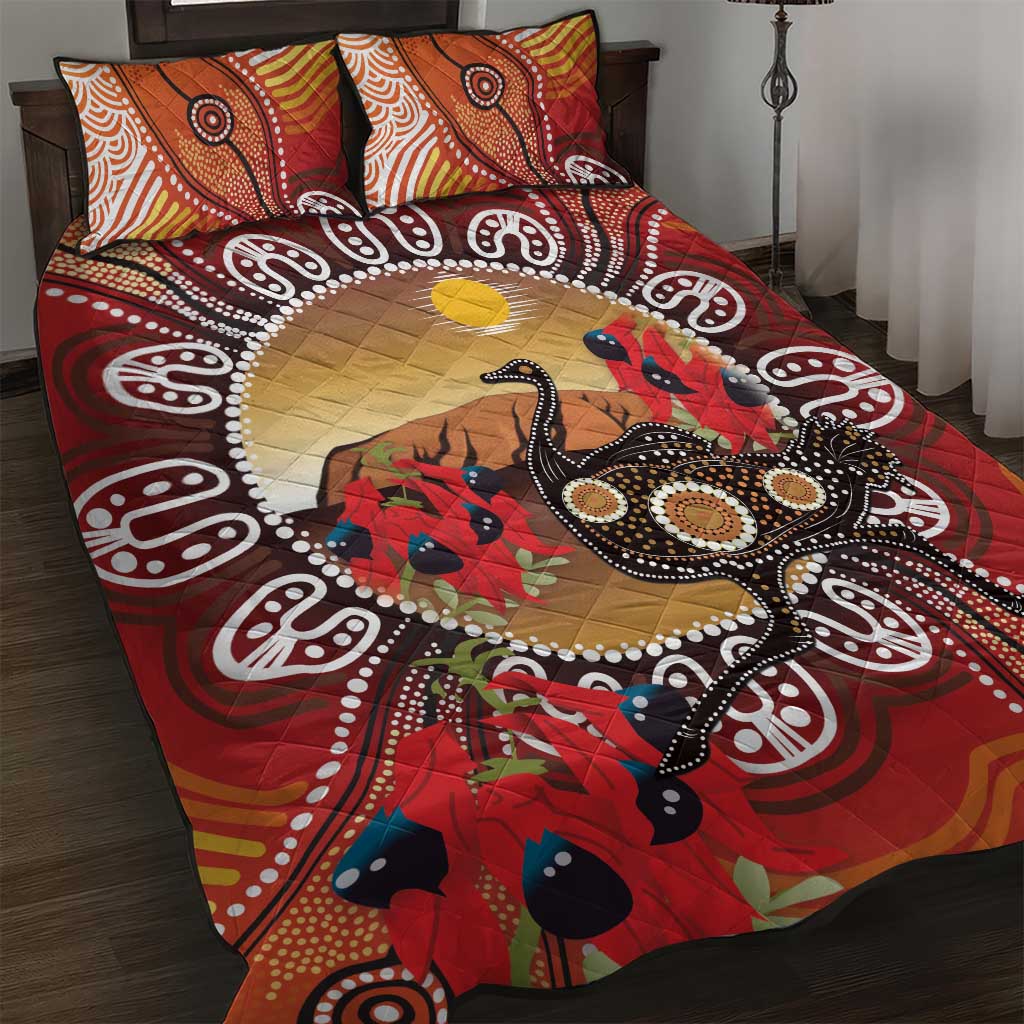 Sturt's Desert Pea And Emu Australia Quilt Bed Set Uluru Aboriginal Art