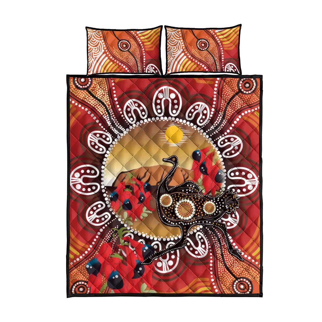 Sturt's Desert Pea And Emu Australia Quilt Bed Set Uluru Aboriginal Art