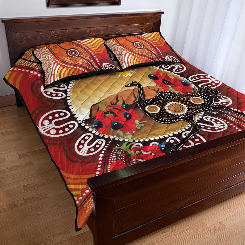 Sturt's Desert Pea And Emu Australia Quilt Bed Set Uluru Aboriginal Art
