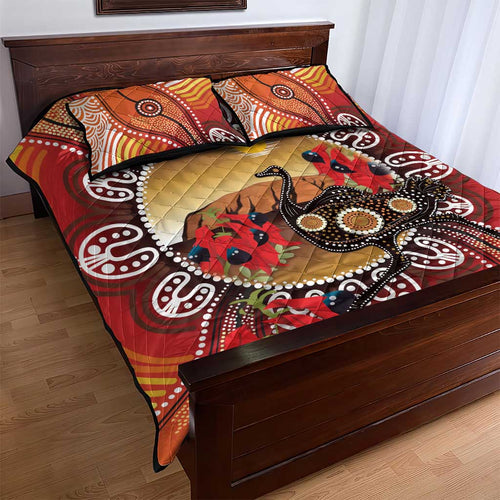 Sturt's Desert Pea And Emu Australia Quilt Bed Set Uluru Aboriginal Art