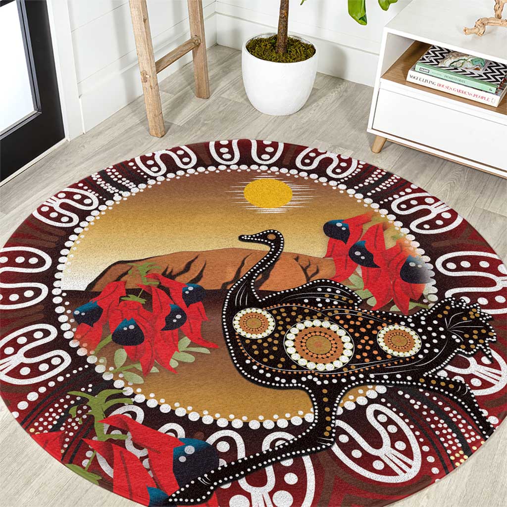 Sturt's Desert Pea And Emu Australia Round Carpet Uluru Aboriginal Art